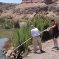 Two people using a long pole with a net at the edge of a small body of water in a nature setting.