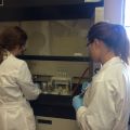 Two women in white lab coats working at a laboratory fume hood.