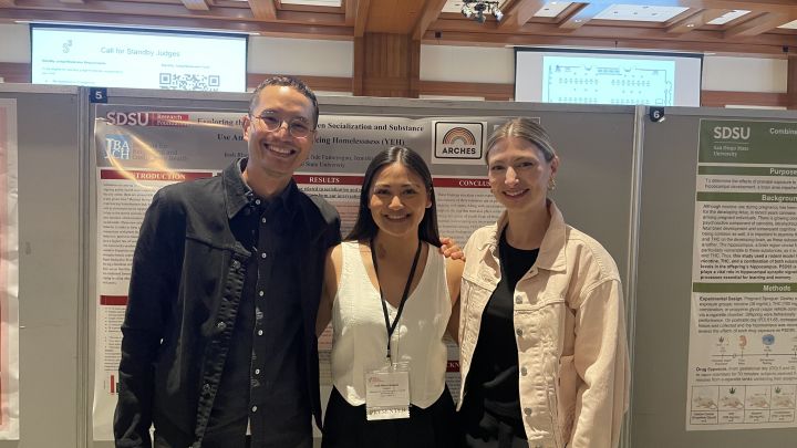 Dr Calzo, Dr. Felner, and their student standing infront of a research poster