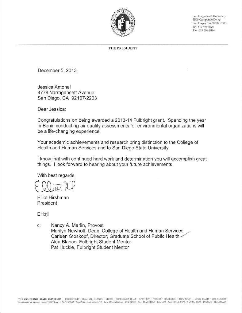 SDSU President Elliot Hirshman's Letter of Congratulations